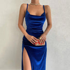 Damen Elegantes Satin-Midikleid mit Drapierung und Seitenschlitz R&B