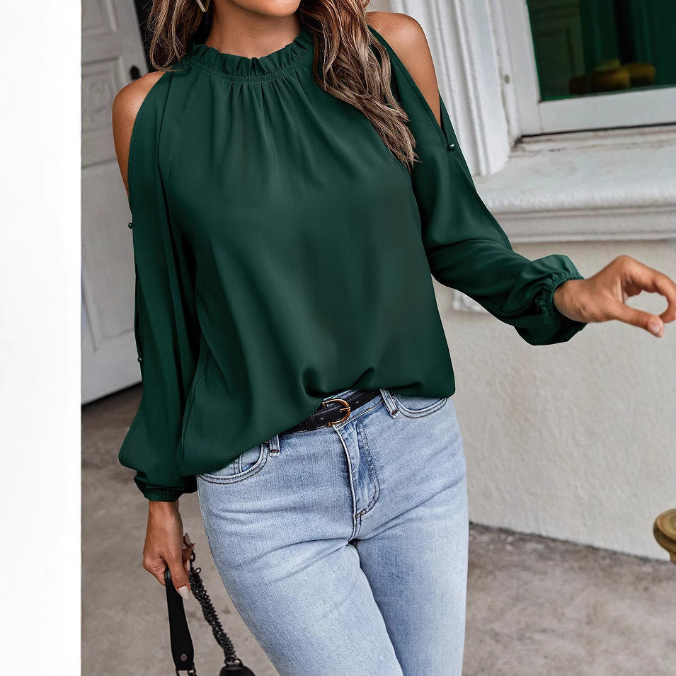 Damen trendige Bluse mit schulterfreier Gestaltung und Puffärmeln R&B