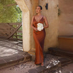 Damen Satin Maxikleid mit eleganter V-Form und fließendem Schnitt R&B