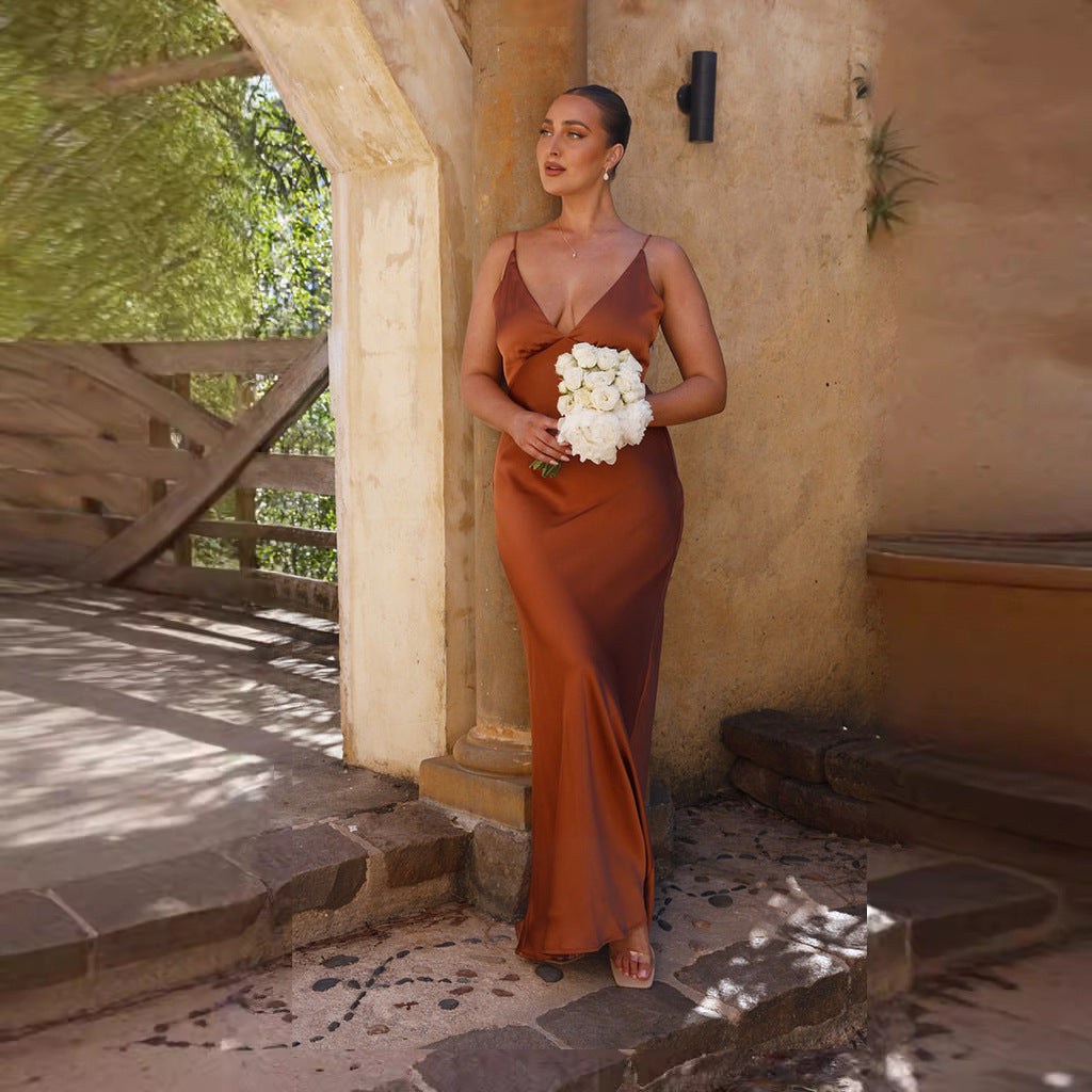 Damen Satin Maxikleid mit eleganter V-Form und fließendem Schnitt R&B