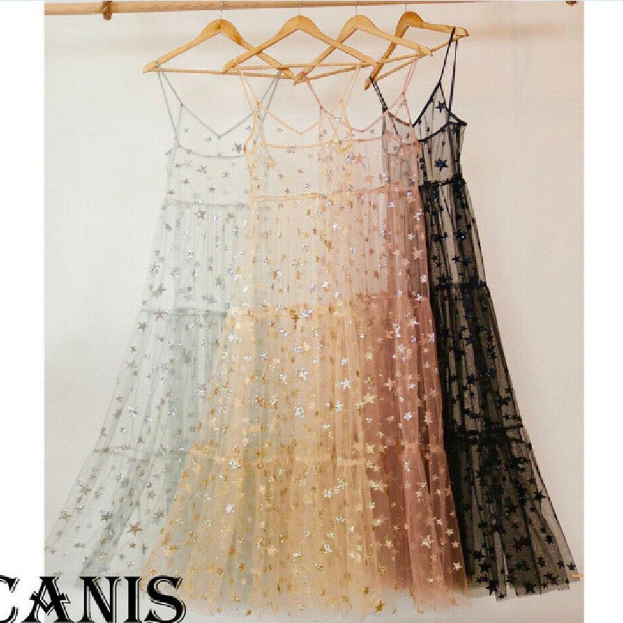 Damen Transparente Maxikleid aus Chiffon mit Sternen-Design und mehrlagigem Saum R&B