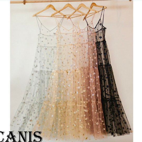 Damen Transparente Maxikleid aus Chiffon mit Sternen-Design und mehrlagigem Saum R&B