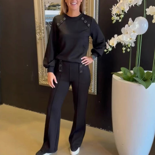 Damen nan sportlich-elegantes Jersey-Zweiteiler mit Ösenverzierung, hochgeschnittener Bundhose im Marlene-Schnitt R&B