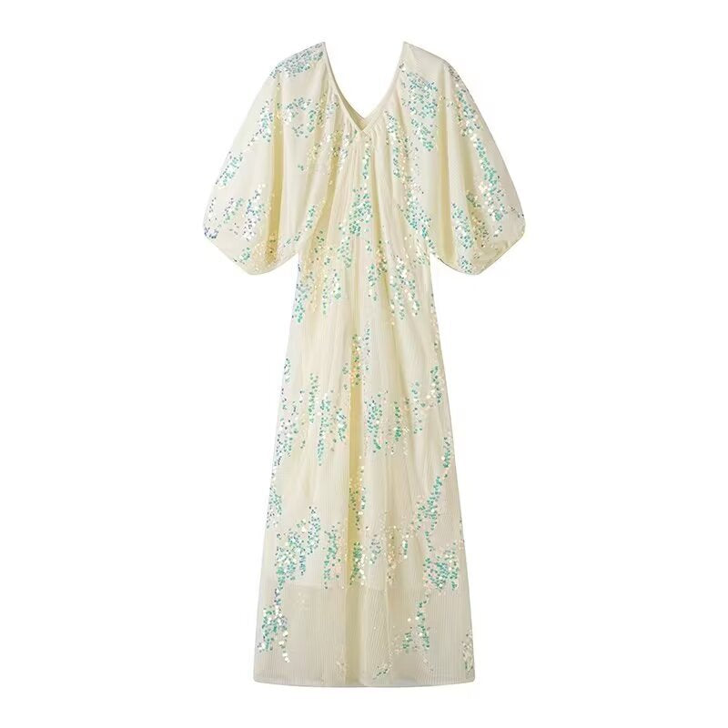 Damen Maxikleid mit voluminösen Puffärmeln und floralem Strassdesign R&B