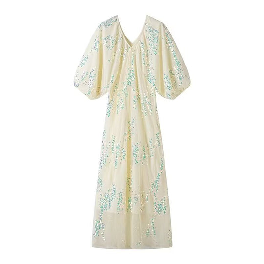 Damen Maxikleid mit voluminösen Puffärmeln und floralem Strassdesign R&B