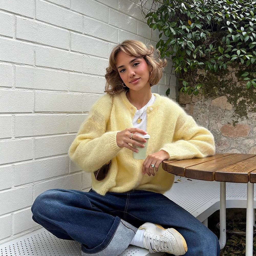 Damen weicher Strickcardigan mit großen Puffärmeln R&B