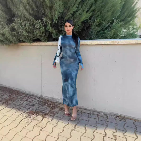Damen figurbetontes Maxikleid mit langem Arm und modernem Batikmuster R&B
