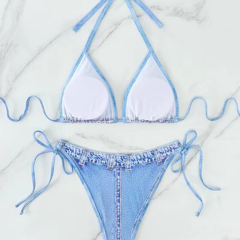 Damen Triangel-Bikini mit Jeans-Optik und geflochtenen Bindebändern R&B