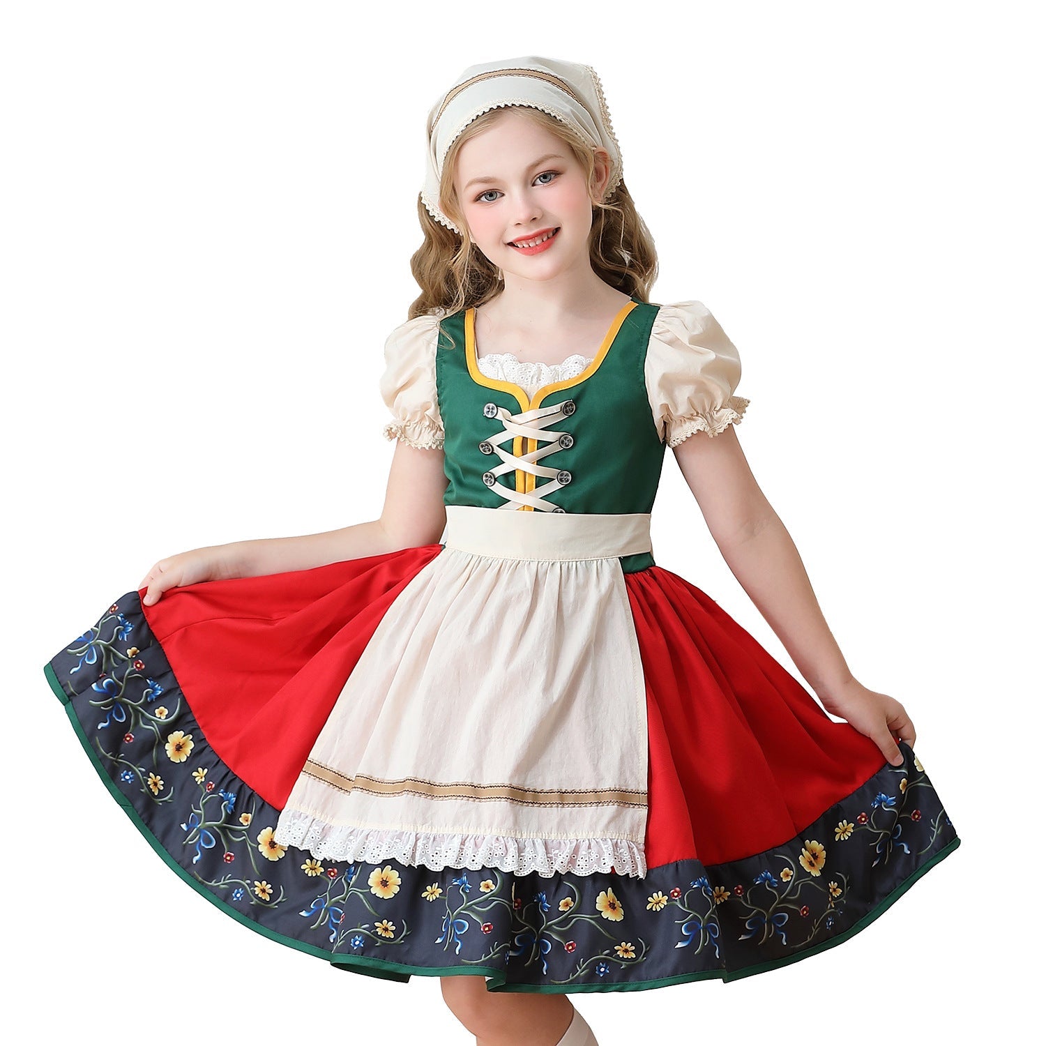 Damen nan traditionelles Kinderdirndl Kleid mit dekorativer Schnürung Schürze und Spitzenkopftuch R&B