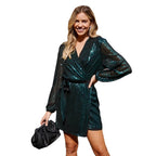 Damen Funkelndes Wickelkleid mit tiefem V-Ausschnitt und voluminösen Ärmeln R&B