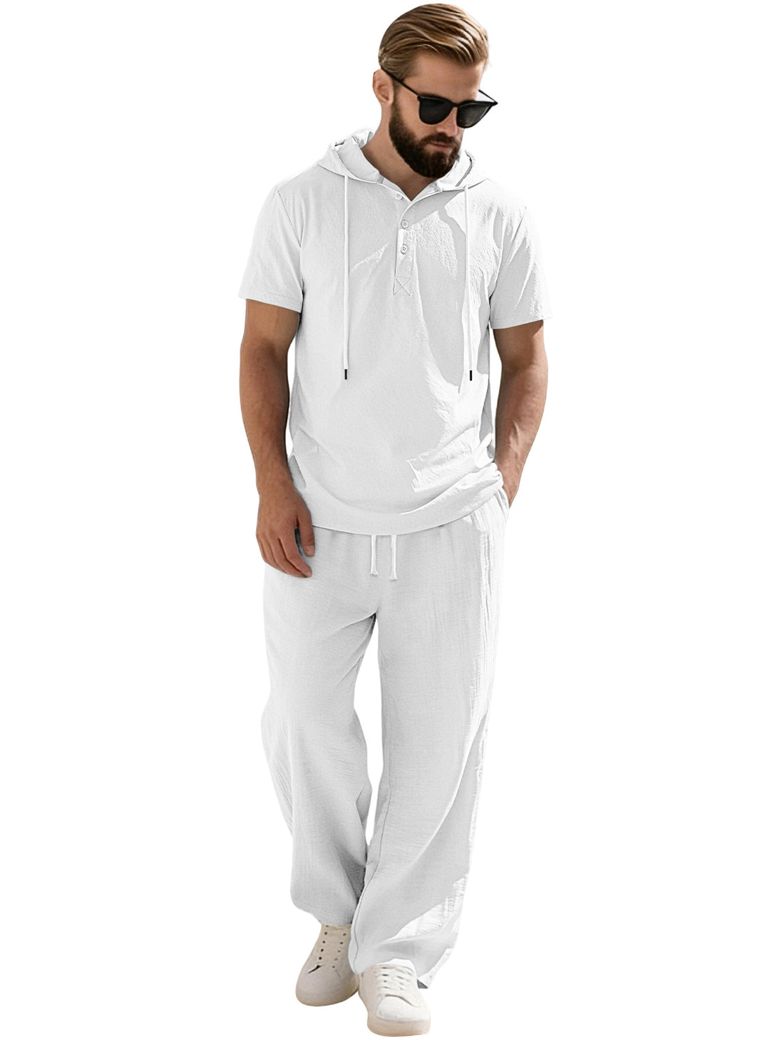 Herren nan lässiges Kurzarm-Kapuzenshirt im gekreppten Baumwollmix mit Henley-Knopfleiste R&B