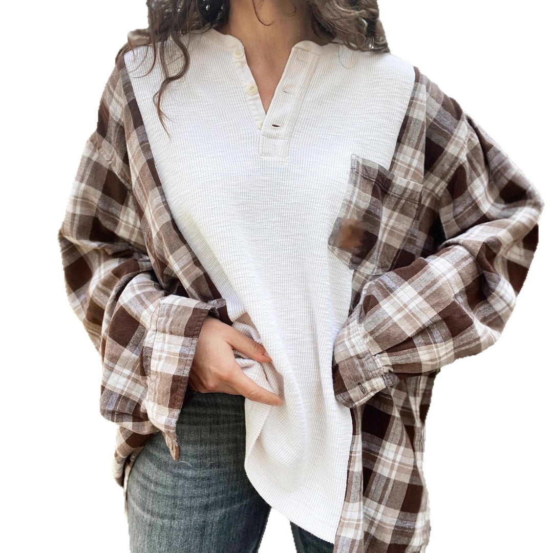 Damen nan karierter Flanell-Overshirt mit aufgesetzter Brusttasche, krempelbaren Ärmeln und legerer Oversize-Passform R&B