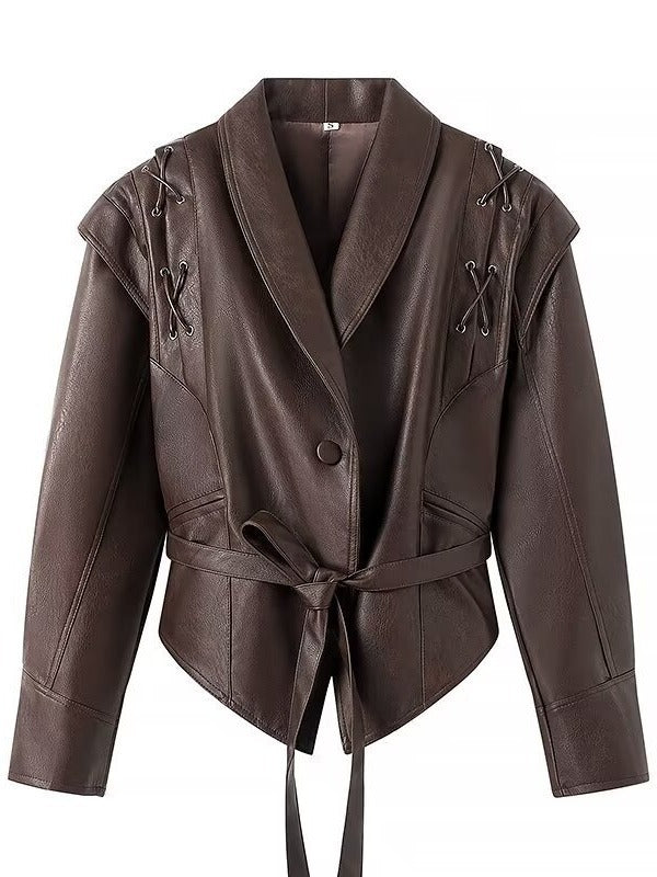 Damen taillierte Kunstlederjacke mit verspieltem Schnürdetail R&B