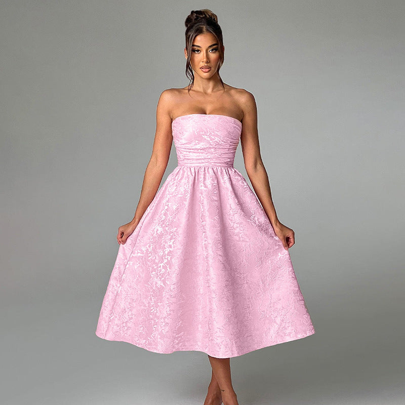 Damen schulterfreies A-Linien Kleid mit luxuriösem Blumenmuster R&B
