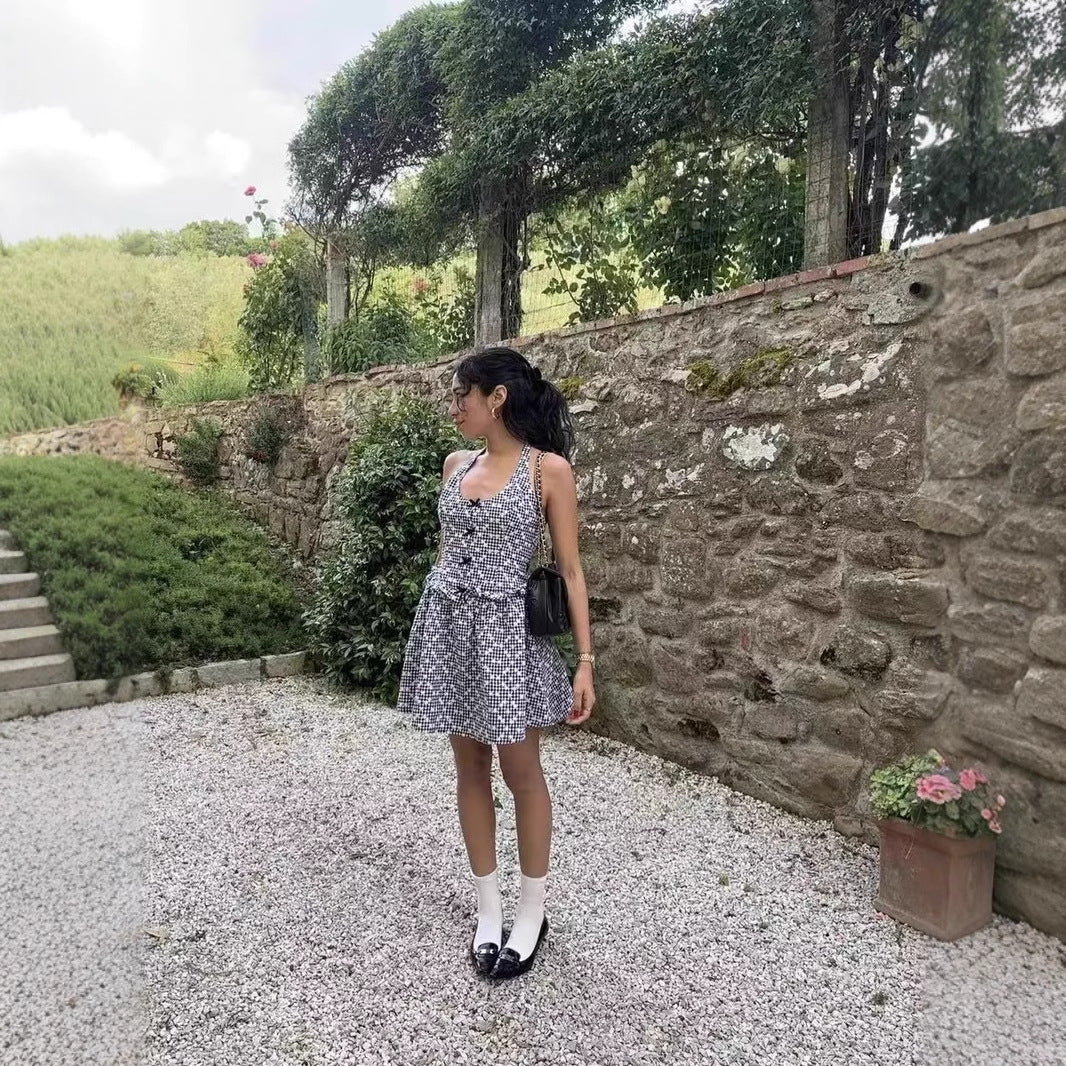 Damen Freizeitkleid mit verspieltem Halterneck und floralem Karodesign R&B