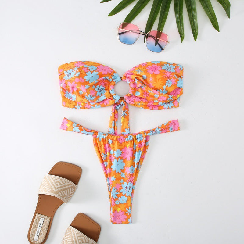 Damen Bandeau Bikini mit kreativem Raffungseffekt und verspieltem Design R&B