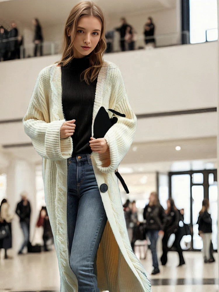 Damen lässiger Strickmantel mit fransigen Abschlüssen und großzügigen Taschen R&B