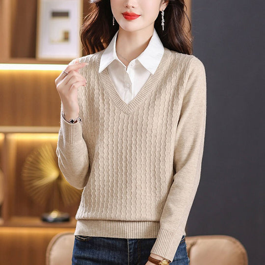 Damen Strickpullover mit V-Ausschnitt und strukturiertem Design R&B