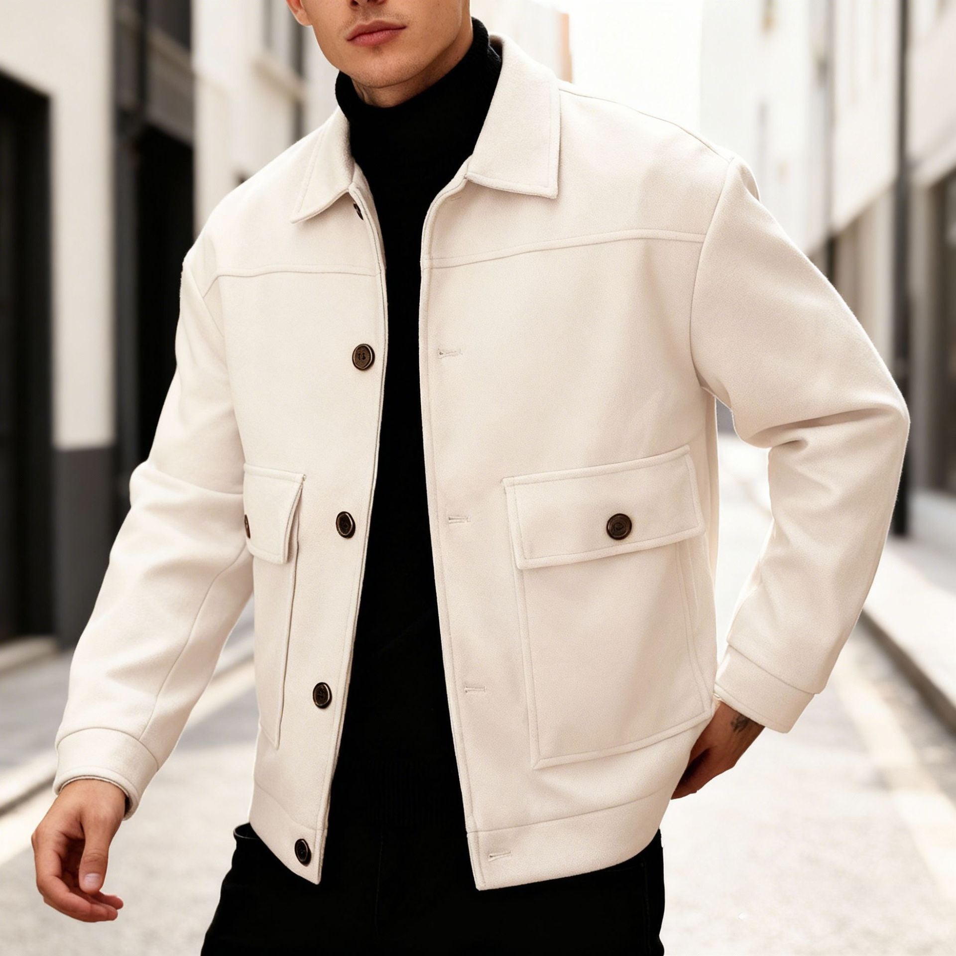 Herren nan kurze Woll-Feldjacke mit Hemdkragen aufgesetzten Pattentaschen und klarer Silhouette R&B
