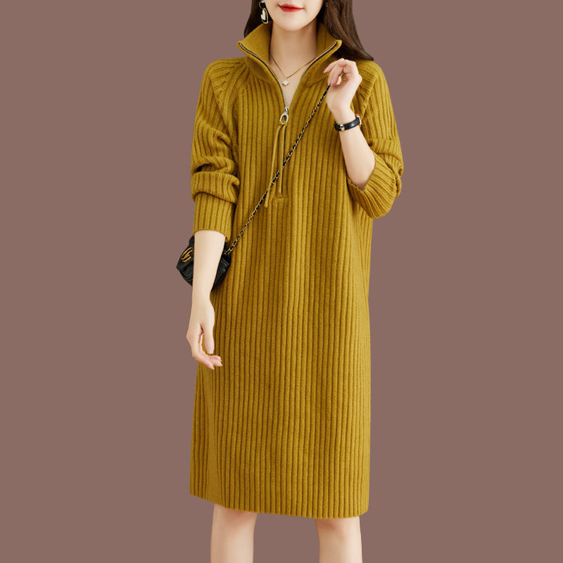 Damen Strickkleid mit steigendem Kragen und strukturierter Ripp-Optik