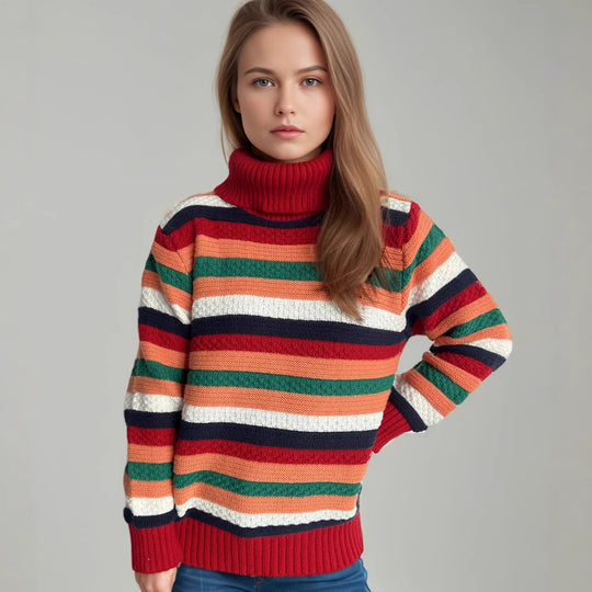 Damen Rollkragenpullover mit farbenfrohen Streifen und hochwertiger Strickqualität R&B