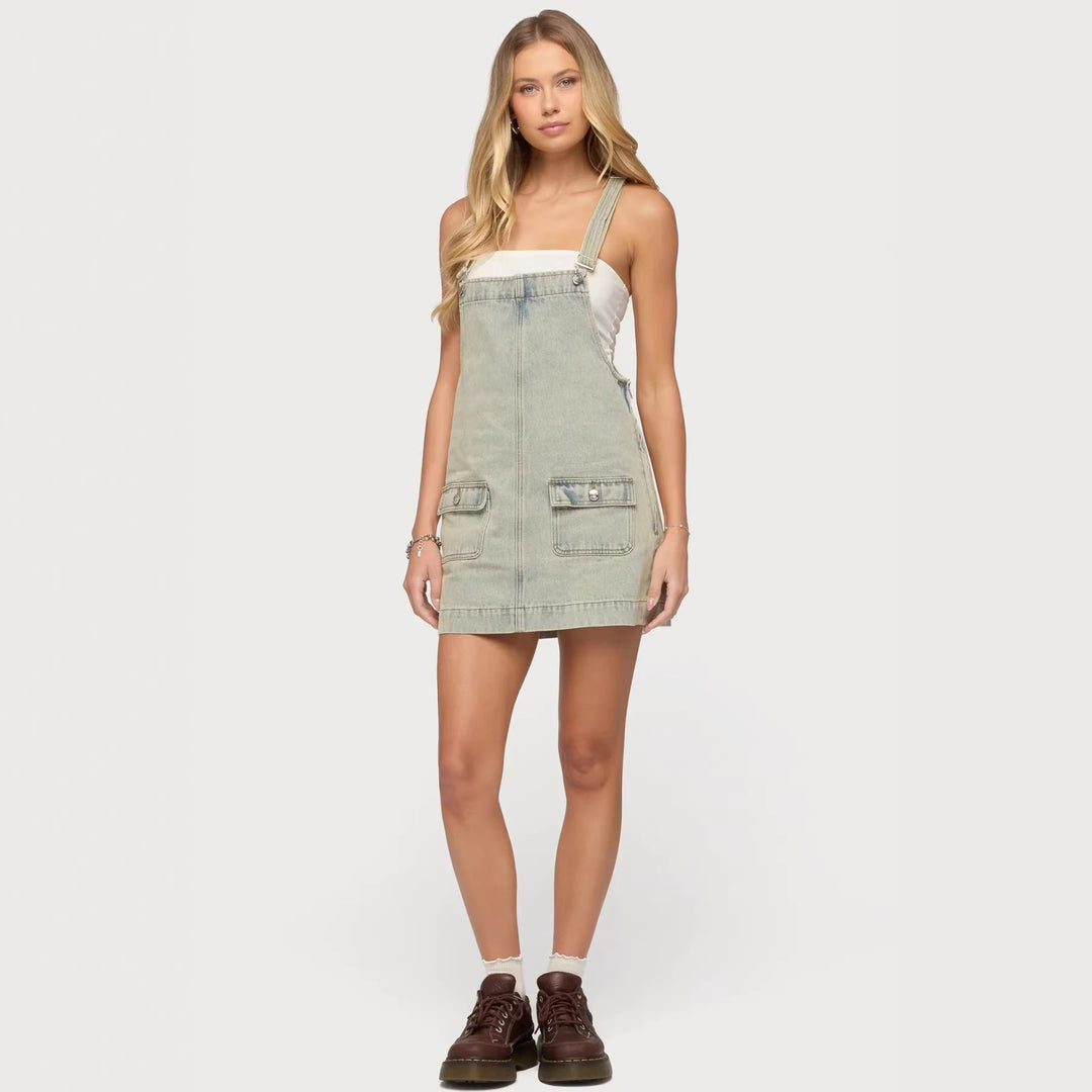 Damen Lässiges Jeanskleid mit praktischen Taschen und verstellbaren Trägern R&B
