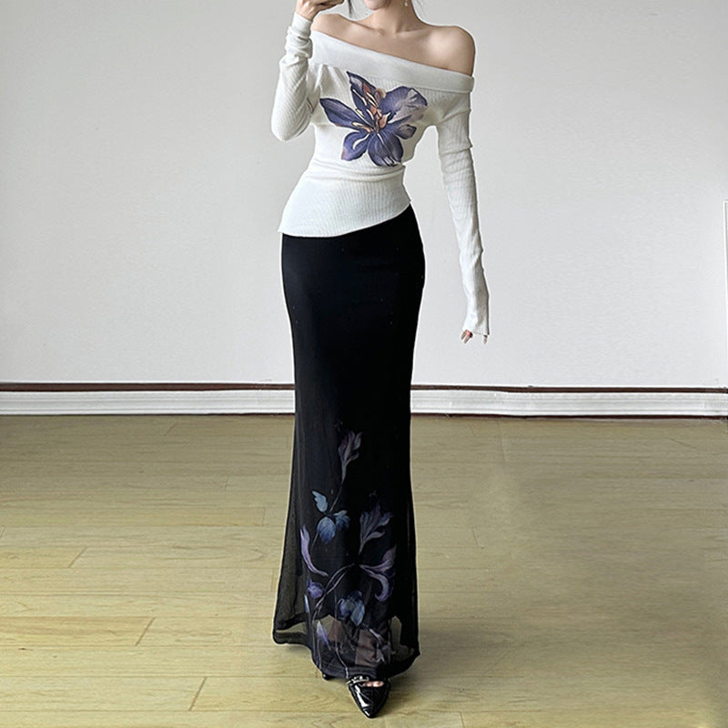Damen Eleganter Maxirock mit floralen Akzenten und transparentem Unterstoff R&B
