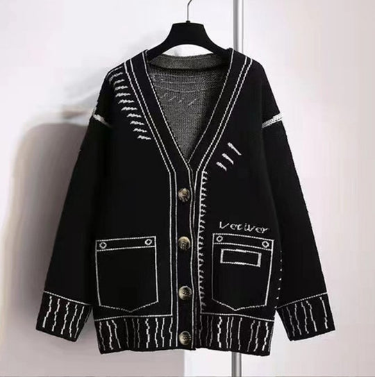 Damen Oversized Strickjacke mit kreativem Design und großen Knöpfen R&B