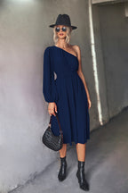 Damen Midikleid mit asymmetrischem One-Shoulder-Design und elastischem Taillengürtel R&B
