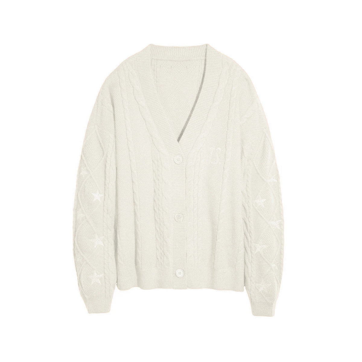 Damen nan großzügiger Grobstrick-Cardigan mit Zopfmuster, V-Ausschnitt und Sternstickereien R&B