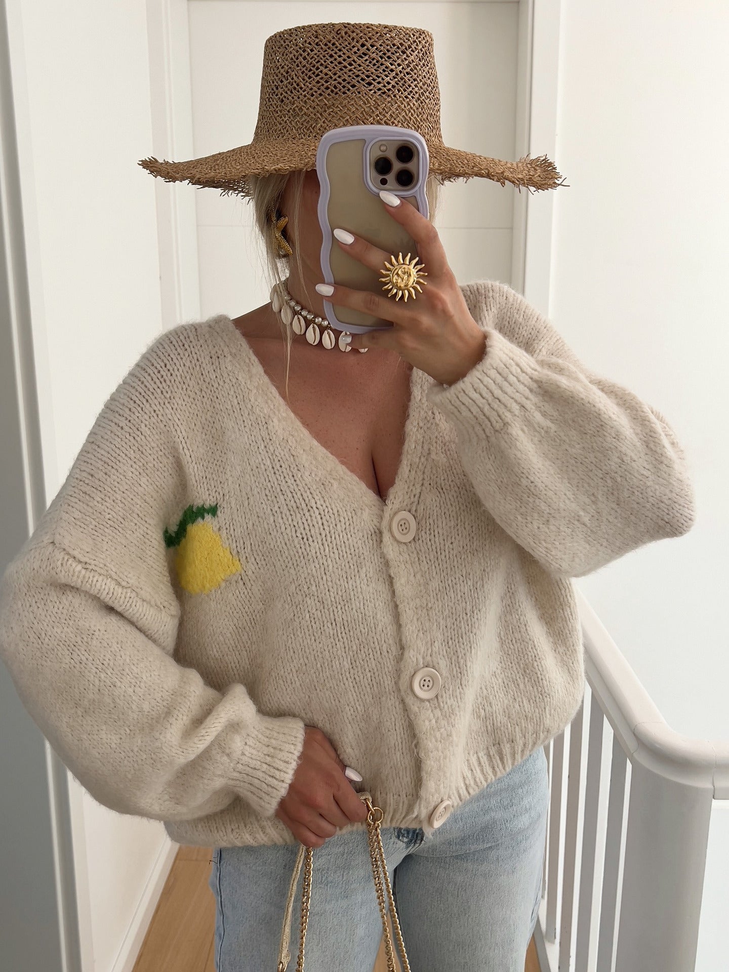 Damen Strickjacke mit fröhlichem Zitronenmotiv und Oversized-Schnitt R&B