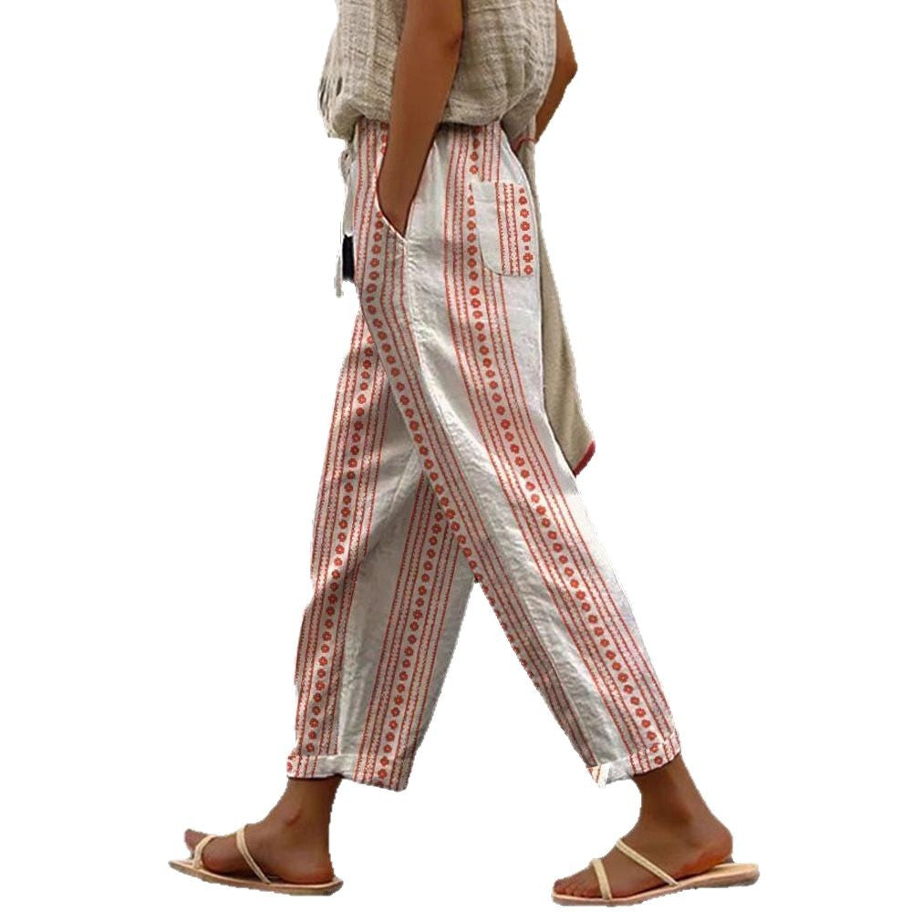 Damen Weite Leinenhose mit handgewtem Muster