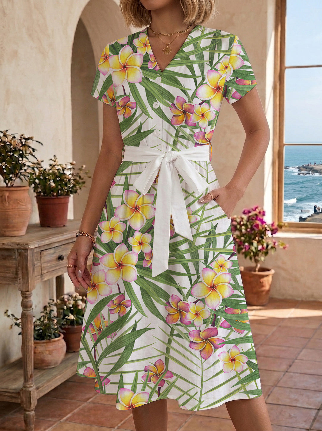 Damen Midi Kleid mit floralen Akzenten und tailliertem Schnitt R&B