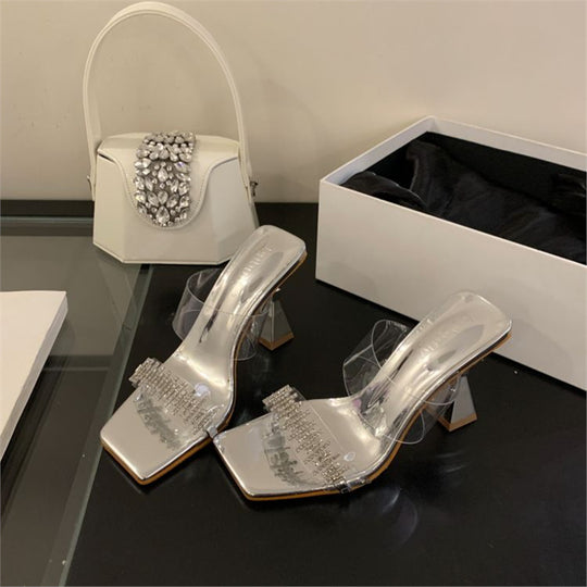 Damen elegante transparente Mules mit glitzernden Strassverzierungen R&B