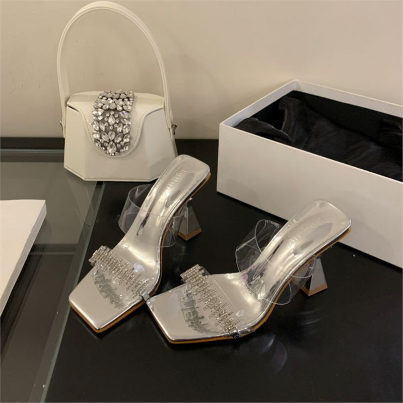 Damen elegante transparente Mules mit glitzernden Strassverzierungen R&B