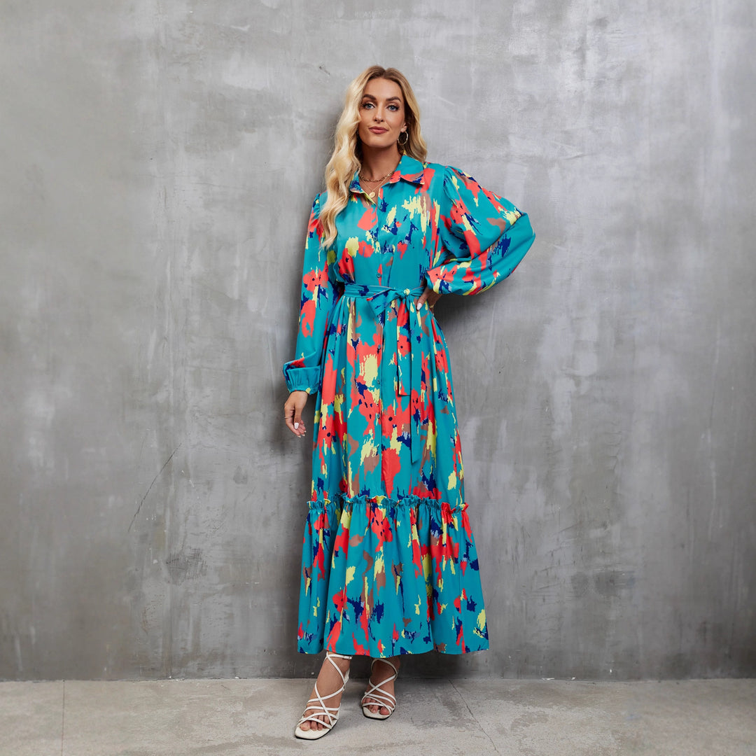 Damen Maxikleid mit farbenfrohem Floral-Design und elegantem Taillengürtel R&B