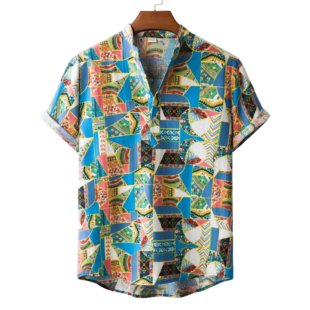 Herren Kurzarmhemd mit auffälligem Patchwork-Muster R&B