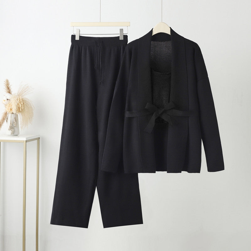 Damen gemütliches Freizeit-Loungewear-Set mit Bindegürtel und weitgeschnittenen Hosen R&B