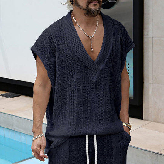 Herren nan kastiges Stricktop aus grobem Strick mit tiefem V-Ausschnitt und Strukturmuster R&B