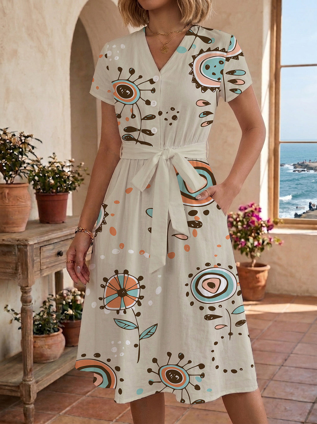 Damen Midikleid mit farbenfrohem Blumendesign und taillierbarem Bindegürtel R&B