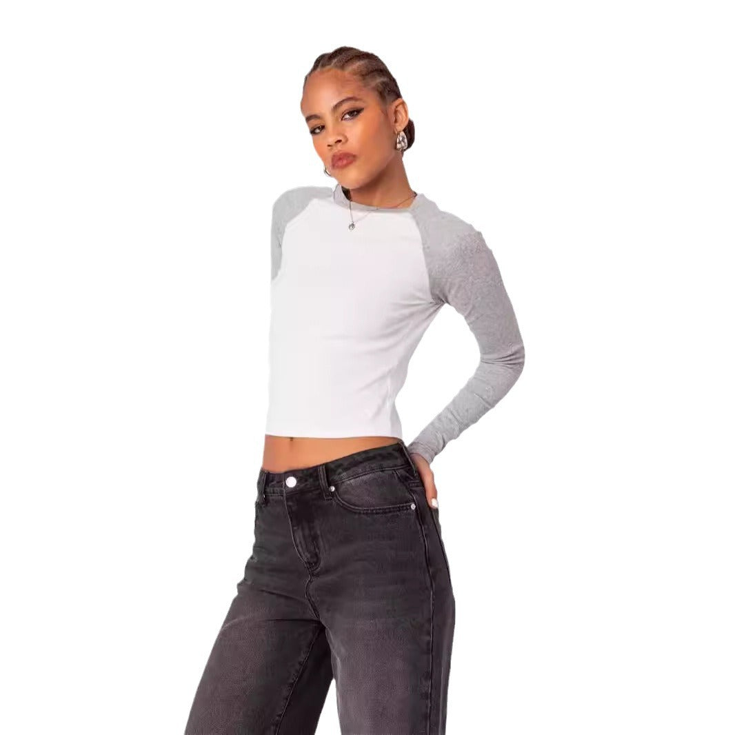 Damen Langarmshirt mit Kontrastärmeln und figurbetontem Schnitt R&B