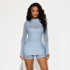 Damen Körperbetontes Longsleeve-Overall mit transparenten Ärmeln und figurformendem Schnitt R&B