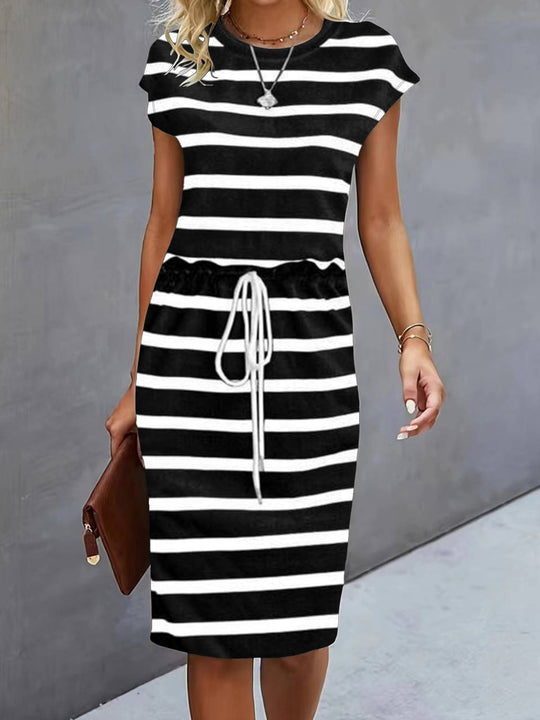 Damen Freizeitleinenkleid mit bunten Streifen und verstellbarem Taillenzug R&B