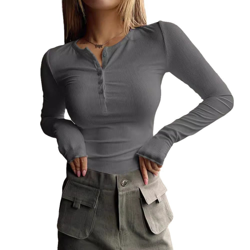 Damen Langarmshirt mit Knopfleiste und feiner Rippstruktur R&B