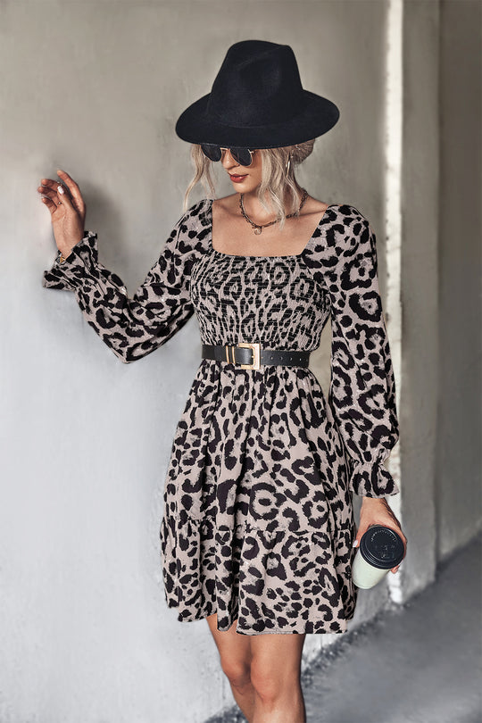 Damen Wickelkleid mit modernem Leopardenmuster und elastischem Taillenband R&B