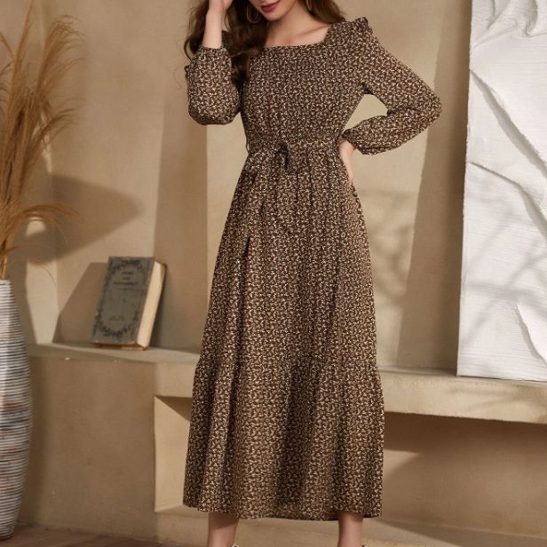 Damen Maxikleid im Boho-Stil mit weitem Rock und Taillengürtel R&B
