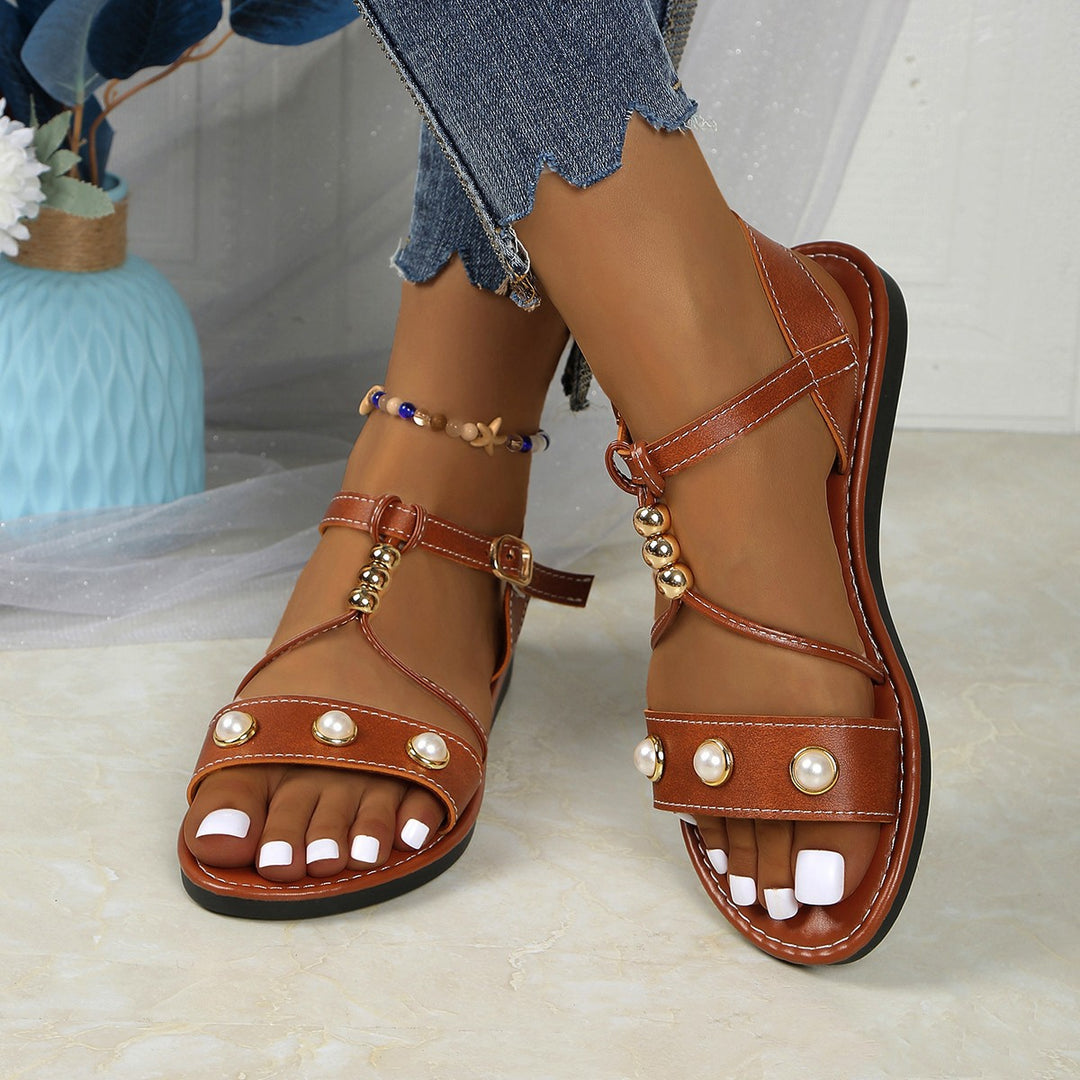 Damen Sandalen mit modischen Perlenapplikationen und verstellbarem Riemendesign R&B