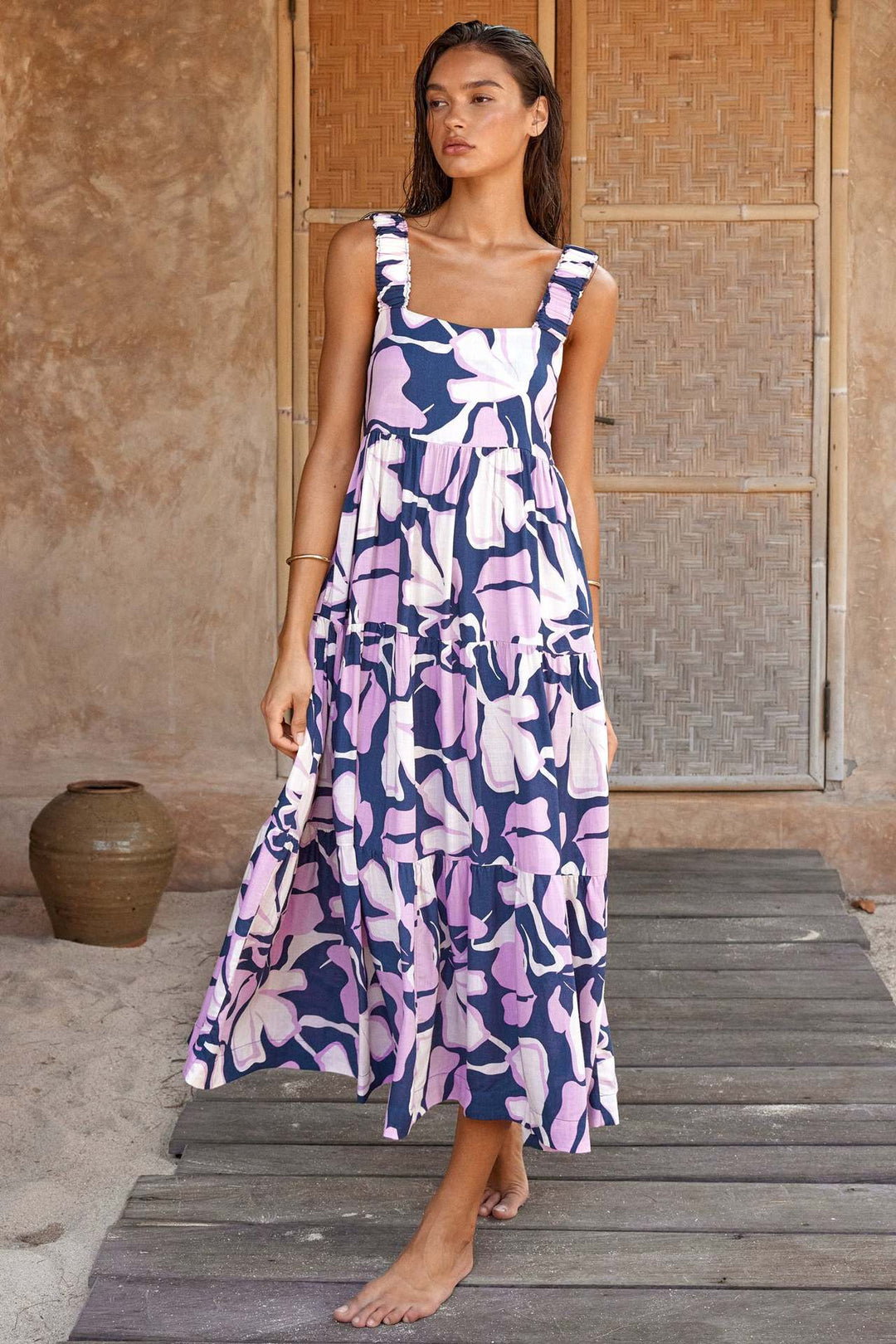 Damen Maxikleid mit elastischen Trägern und fließendem Rock R&B