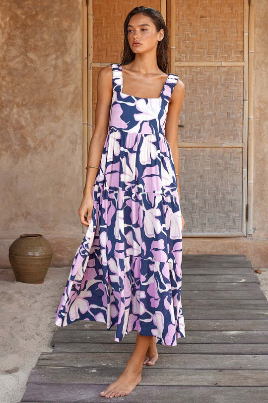 Damen Maxikleid mit elastischen Trägern und fließendem Rock R&B