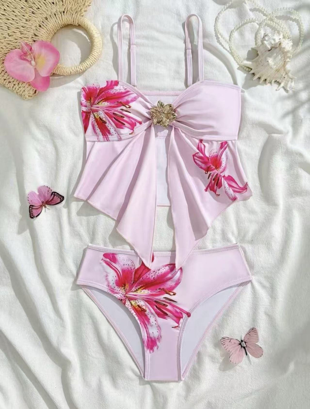 Damen Bikini-Set mit floralem Wickeldetail und eleganter Blütenapplikation R&B